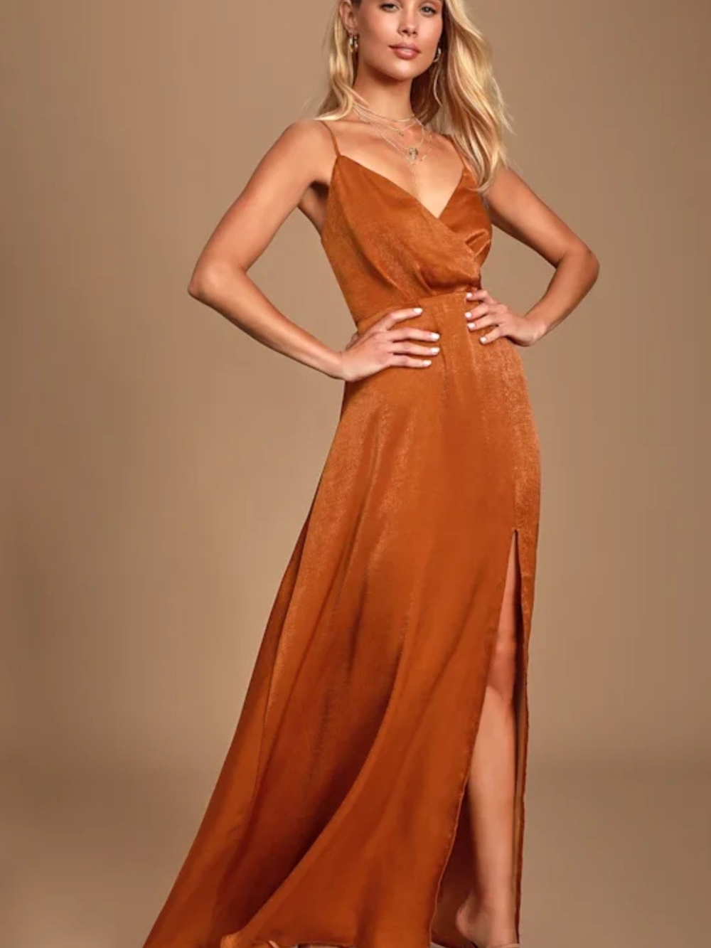 Lulu's Constantine Rust Orange Satin Slip Maxi Dress with Side Slit